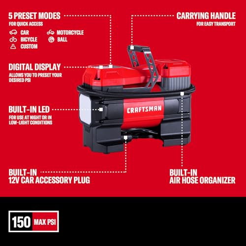 CRAFTSMAN Portable 12V Tire Inflator with Digital Gauge & Auto Shut-Off | 150 PSI Air Compressor with LED Light and 12V DC Car Plug Compact Air Pump for Car Tires, Bikes & Sports Equipment