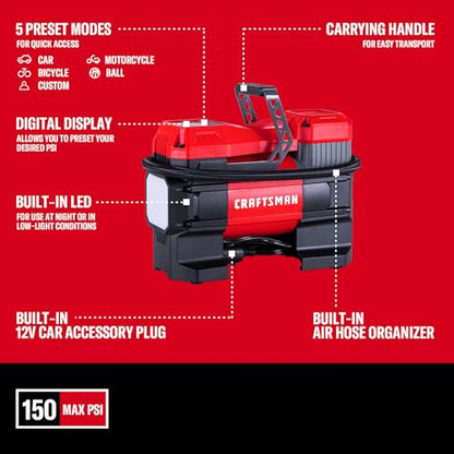 CRAFTSMAN Portable 12V Tire Inflator with Digital Gauge & Auto Shut-Off | 150 PSI Air Compressor with LED Light and 12V DC Car Plug Compact Air Pump for Car Tires, Bikes & Sports Equipment