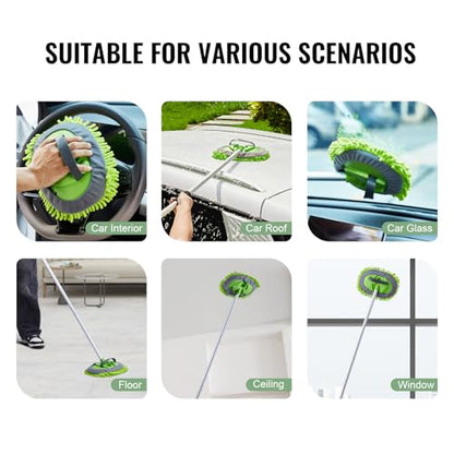 VEVOR Car Wash Brush, 62-Inch Extendable Car Washing Brush with Long Handle, Soft Chenille Fiber Car Wash Mop Mitt, 180° Rotatable Car Cleaning Brush with 1 Replacement Mop for Car, RV, Window, Floor - style: Soft Chenille Fiber head