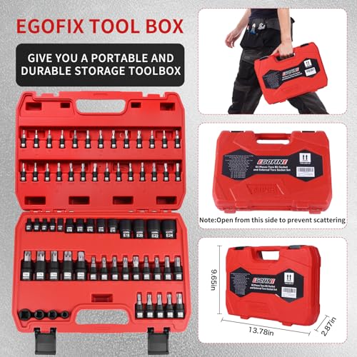 Torx Bit Socket and External Socket Set, S2 and Cr-V Steel, Master Impact Torque Output Complete Kit 64 Pieces - style: 64PCS T & E socket set