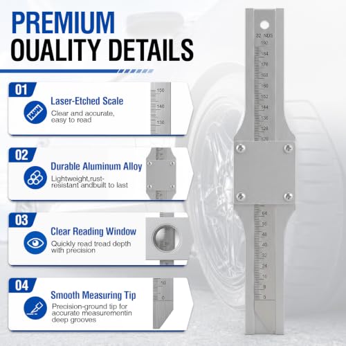 Hicarer 2 Pack 7 Inch Tire Tread Depth Gauge, Aluminum Mechanical Tire Tread Measurement Tool for Auto Repair Shops, Fleet Maintenance, Used Vehicle Inspection, Heavy Duty Tire-Depth Checker