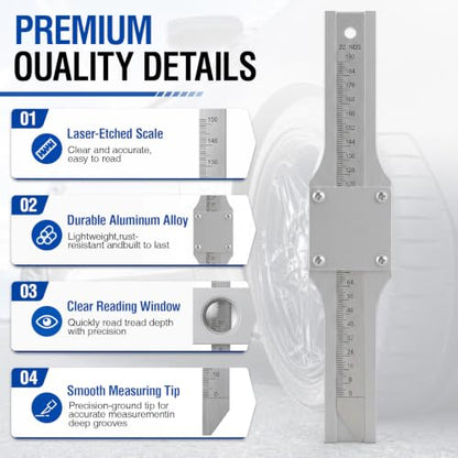 Hicarer 2 Pack 7 Inch Tire Tread Depth Gauge, Aluminum Mechanical Tire Tread Measurement Tool for Auto Repair Shops, Fleet Maintenance, Used Vehicle Inspection, Heavy Duty Tire-Depth Checker