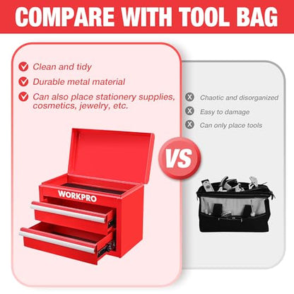WORKPRO Metal Mini Tool Box with 2 Drawers and Top Storage | Cold Rolled Steel Toolbox, Ball Bearing Slides, PVC Drawer Liners, PP Feet Pads, Durable Storage - color: Red
