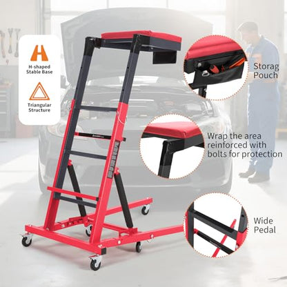 Topside Automotive Creeper,Engine Topside Creeper with Adjustable Height 48"-66", 400 Lbs Heavy-Duty Foldable Garage Creepers, 6 Swivel Casters, Padded Deck, Tool Pouch, for Truck/SUV Garage Mainten - color: red