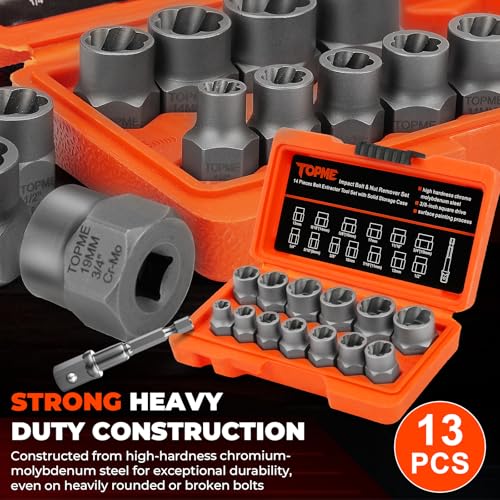 Bolt Extractor Kit,14 Piece Impact-Grade CR-MO Steel Nut Remover Set | 3/8" Drive Socket for Removing Frozen, Rusted, Rounded Bolts & Lug Nuts (Sizes 8-19mm)