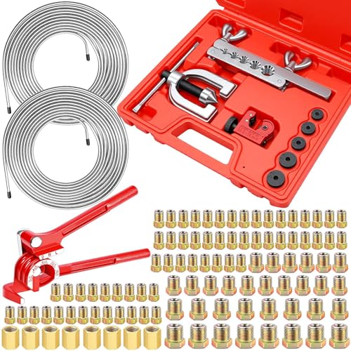 smseace 3/16 Inch+3/16 Inch Brake Line Flaring Tool Kit Include 25 FT Zinc-Plated Brake Line Kit with 94pcs Fittings,8pcs Union,Tubing Bender,Double & Single Flare Tool,Cutter - color: Silver-B, size: 3/16inch+3/16inch