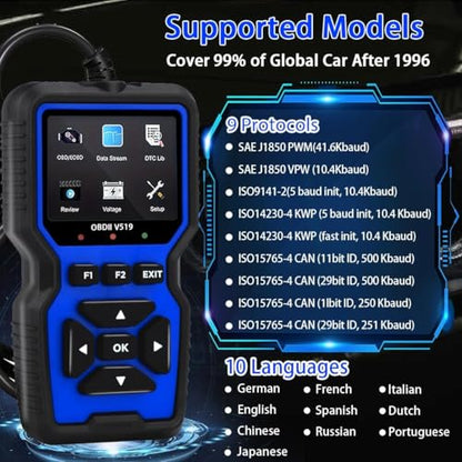 V519 OBD2 Scanner, Universal Check Engine Light Code Reader, Professional Diagnostic Scan Tool with Full OBDII Functions, Real-Time Data Stream, Erase Fault Codes for All Post-1996 Vehicles