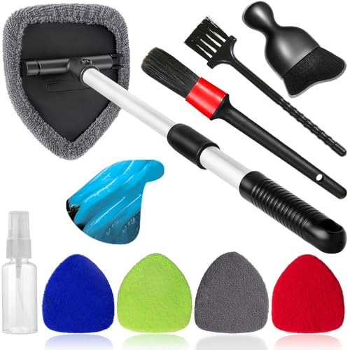 Qydipclin 10pcs Windshield Cleaner Tool, Car Window Cleaning Wash Kit with 4 Reusable Microfiber Pads 1 Spray Bottle and Extendable Handle Auto Glass Wiper Kit, Multicolor - color: Blue & Green & Gray & Red