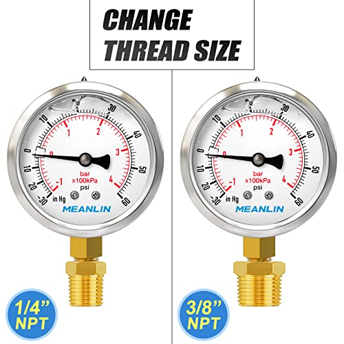 MEANLIN MEASURE -30inHG~60Psi Stainless Steel 1/8" NPT 2.5" FACE DIAL Vacuum Pressure Gauge, Lower Mount, with 1/4" NPT and 3/8" NPT Hex Bushing - size: -30inHG-60Psi