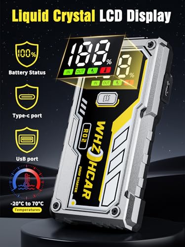 Car Battery Jump Starter 5000A Smart Portable Car Jump Starter Battery Pack (10.0 Gas/9.0L Diesel) 12V Safe Car Jumper with LCD Display Extended Jumper Cables, Fast Charge LED Light - color: Silver