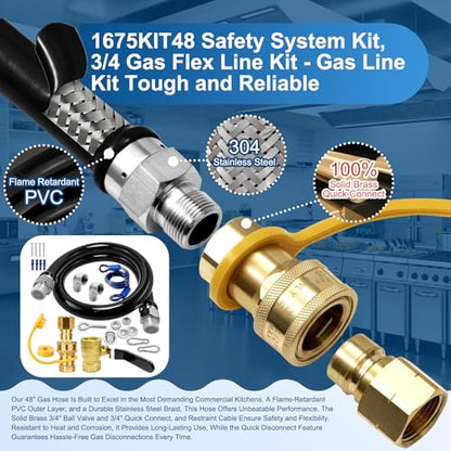 1675KIT48 Safety System Kit, 48" Mobile Gas Hose Connector Kit with 2 Elbows and 3/4 Quick Disconnect 3/4 Gas Flex Line, Gas Line Hose for Kitchen Equipment Full Port Gas Valve,Restraining Device.