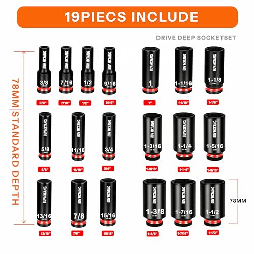 19pcs 1/2" SAE Impact Socket Set, Deep Sockets 3/8"- 1-1/2", 6 Point Cr-MO, 1/2 Inches Drive Impact Socket Set,Storage Case - size: 1/2 19PCS Socket Set SAE