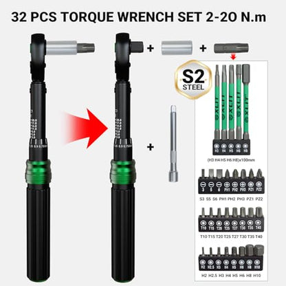 1/4" Compact Bike Torque Wrench Set, 2-20Nm/17.7-177 in·lb | 3% Accuracy, 35 PCS Road/Mountain Bicycle Torque Wrench and Bit Set, Dual-Direction Adjustable 72 Tooth Ratchet - size: 35PCS (2-20 Nm)