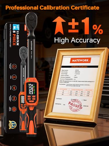 Matework Digital Torque Wrench 1/2" Drive | 8.5-160 ft.lb | ±1% High Accuracy | Buzzer and LED Alert | 3-Mode & 5-Unit Switch, 8PCS Digital Torque Wrench Set for Motorcycle, Car Maintenance - size: 1/2-Inch (8.5-160 ft·lb)