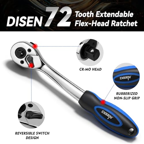 DISEN Ratchet Wrench, 2 in 1 Bit Socket Wrench with 1/4", 3/8", 1/2" Drive, 72-Tooth, Reversible, CR-V Steel Made, CR-MO Head, Dust Proof Teardrop Enclosed Head, Gifts for Men