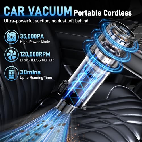 Car Vacuum Portable Cordless, 35000Pa High Power Brushless Motor Handheld Vacuum, 6-in-1 Rechargeable Mini Cleaner with Air Duster for Car, Home, Pet Hair, Keyboard, Graphite Grey