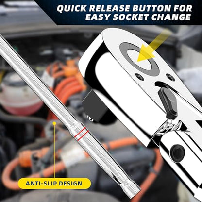 PRIDE&CRAFT 1/4" Drive Extra Long Flex Head Ratchet 72-Tooth, 12 Inch Long, Socket Wrench Quick Release Reversible Design, Swivel Head Ratchet, Chrome Alloy Made, EVA Organizer - style: 1/4 Inch Extra Long