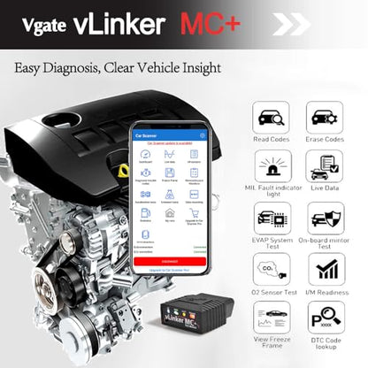 Vgate vLinker MC+ Bluetooth OBD2 Car Diagnostic Scan Tool for iOS, Android, Windows - size: vLinker MC+ BLE4.0 - Android, iOS & Windows