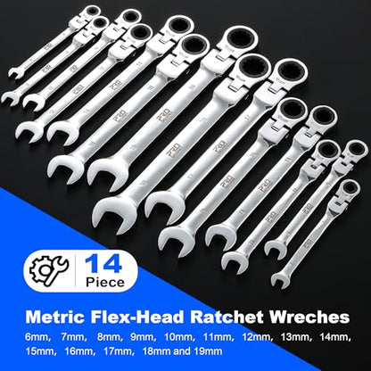 Prostormer 14-Piece Metric Flex-Head Ratcheting Wrench Set | 6-19mm Ratchet Combination Wrenches Kit, 72-Tooth, Cr-V Steel, Organizer Tool Box - style: 14-Piece Metric