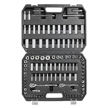 VEVOR Socket Set, 1/4" and 3/8" Drive Socket and Ratchet Set, 6-Point Socket Opening, 106 Pcs Tool Set SAE and Metric, Deep and Standard Sockets, 5/32-1 in, 5-19 mm, with Accessories, Storage Case - size: 1/4"&3/8", style: 106 PCS