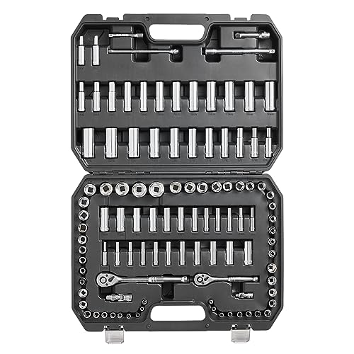VEVOR Socket Set, 1/4" and 3/8" Drive Socket and Ratchet Set, 6-Point Socket Opening, 106 Pcs Tool Set SAE and Metric, Deep and Standard Sockets, 5/32-1 in, 5-19 mm, with Accessories, Storage Case - size: 1/4"&3/8", style: 106 PCS