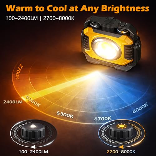 Samyoung 2-Pack 2400LM Magnetic Rechargeable LED Work Light, Up to 80 Hours | Dual-Sided, Stepless Dimming 2700K-8000K, Magnetic Flashlight with 360° Rotating Stand & Hook, Car Repair, Emergency, Yellow - color: Yellow