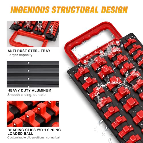 GOOACC Socket Organizer Tray 1/4 inch 3/8 inch 1/2 inch Socket Holder Portable Socket Rail Organizer Trays for Tool Box Drawer, 2Pcs Set Socket Tray Holds 160-Piece SAE Metric Socket, Blue & Red - size: 2 Set Tray 1/4"3/8"1/2" Blue Red