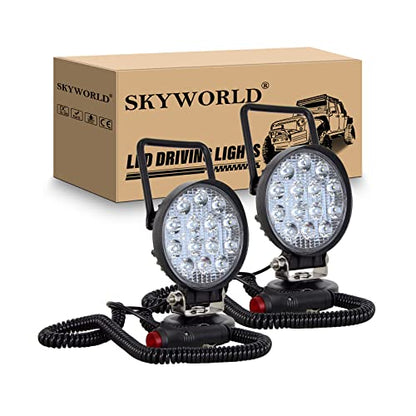 SKYWORLD Magnetic Mount LED Work Light, 2PCS 4 Inch 42W Round Spot Off Road Driving Fog Lamp 12V 24V with Portable Magnetic Base Holder for Truck Tractor Trailer Car Boat Engineering Vehicle - size: 2Pcs 4 Inch 42W Spot