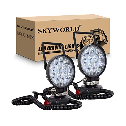 SKYWORLD Magnetic Mount LED Work Light, 2PCS 4 Inch 42W Round Spot Off Road Driving Fog Lamp 12V 24V with Portable Magnetic Base Holder for Truck Tractor Trailer Car Boat Engineering Vehicle - size: 2Pcs 4 Inch 42W Spot
