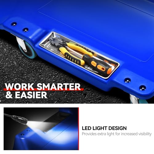 Auto Dynasty 40 Inches Mechanic Creeper, Automotive Garage Repair Low Profile Under Car Rolling Creeper with LED Light and Padded Headrest, Plastic, Blue - color: Blue, size: 40" L (w/LED Light)