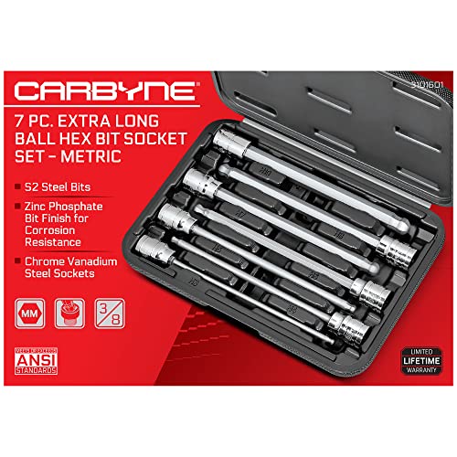 CARBYNE 7-Piece Extra Long Ball End Hex (Allen) Bit Socket Set, Metric 3mm to 10mm, 3/8 in. Drive, S2 Steel, CrV Sockets, Zinc Phosphate Bit Finish, 6.1 in. Length, Durable Case - style: Metric Hex, Ball-End