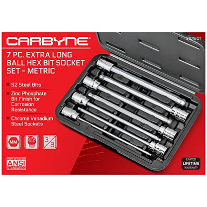 CARBYNE 7-Piece Extra Long Ball End Hex (Allen) Bit Socket Set, Metric 3mm to 10mm, 3/8 in. Drive, S2 Steel, CrV Sockets, Zinc Phosphate Bit Finish, 6.1 in. Length, Durable Case - style: Metric Hex, Ball-End