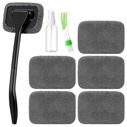 FoldTier 8 Pcs Car Windshield Cleaner Tool Kit with Removable Handle, Microfiber Towel Pads, Brush, Empty Spray Bottle for Auto Glass Wiper Suvs Rvs & Home Windows(Grey) - color: Grey