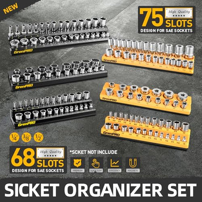 GRENPRO Socket Organizer for Tool Box Drawer, 6pc 143 Metric & SAE Magnetic Socket Holder, 1/4", 3/8", 1/2" Drive Socket Tray Set, Magnetic Socket Organizer - style: 6-Piece Magnetic Socket Holder