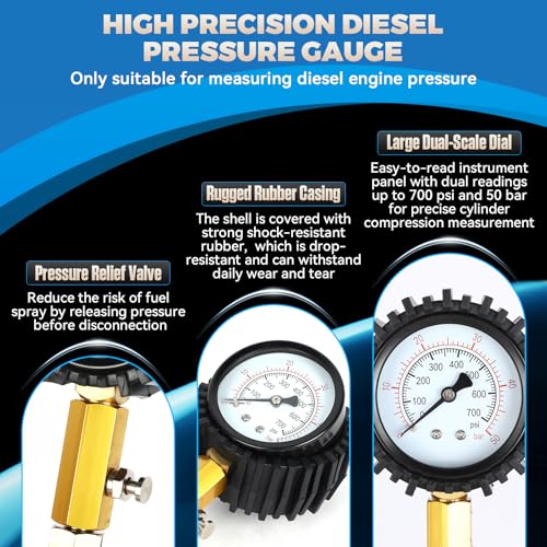 Diesel Compression Tester Kit 47pcs Petrol & Diesel Engine Compression Tester Small Engine Cylinder Leak Down Tester with Compression Gauge, Leak Detector, Gloves, for HDI/TDCi/Pumpe Duse Engine