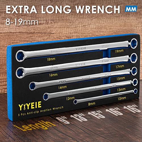YIYEIE 5-Piece Extra Long Box End Wrench Set, Metric 8mm-19mm, 6 Point Extended Bolt Extractor Wrench, CR-V Labor-Saving Aviation Spanner with EVA Foam - color: Extra Long | Extractor Wrench
