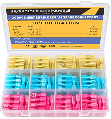 haisstronica 200PCS Heat Shrink Female Spade Connectors, 22-10 AWG Tinned Copper Crimp Terminals, Quick Disconnect Wire Connectors for Automotive Marine - size: AWG 22-10, style: Female 200PCS