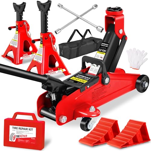 2 Ton (4000 lbs) Capacity, Low Profile Hydraulic Trolley Service/Floor Jack Combo with 2 Ratchet 3 Ton Jack Stands,Wheel Chock Red - color: 2Ton + Stands+Tire repair+Wrench+Wheel chock Red