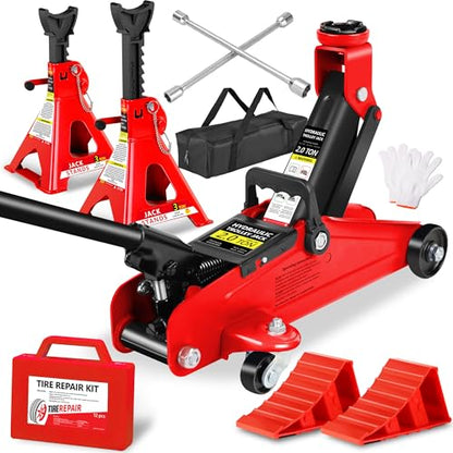 2 Ton (4000 lbs) Capacity, Low Profile Hydraulic Trolley Service/Floor Jack Combo with 2 Ratchet 3 Ton Jack Stands,Wheel Chock Red - color: 2Ton + Stands+Tire repair+Wrench+Wheel chock Red