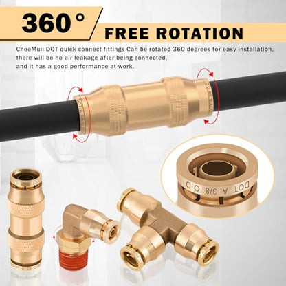 CheeMuii 300 PCS Brass DOT Air Line Fittings Pipe Fittings with 4 Rolls 200FT 1/8" 1/4" 3/8" 1/2" DOT Air Lines Kit Brass Push Lock Air Fittings Compression Air Fittings with Air Hose Pneumatic Tubing - size: 200FT-4ROLL-300PCS
