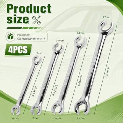4PCS Brake Line Wrench Set (9x11mm 8x10mm 13x14mm 15x17mm),Offset Flare Nut Wrench Set for Plumbing Tight Confine Spaces,Professional Metric Flare Wrenches Sets as Car Repair Tool