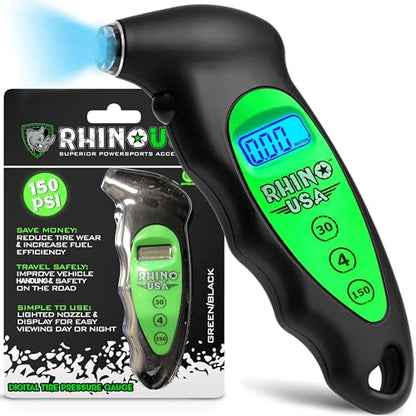 Rhino USA Digital Tire Pressure Gauge 150 PSI, 4 Ranges, Ergonomic Design w/Lighted Nozzle & LCD Backlit Display - Certified Accurate Readings, Best Digital Gage (Green) - color: Green, size: 150 PSI