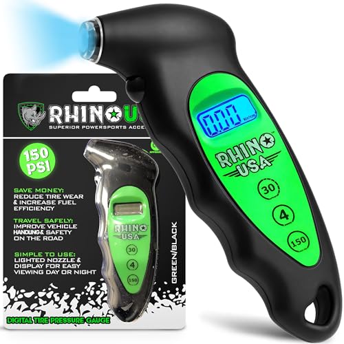 Rhino USA Digital Tire Pressure Gauge 150 PSI, 4 Ranges, Ergonomic Design w/Lighted Nozzle & LCD Backlit Display - Certified Accurate Readings, Best Digital Gage (Green) - color: Green, size: 150 PSI