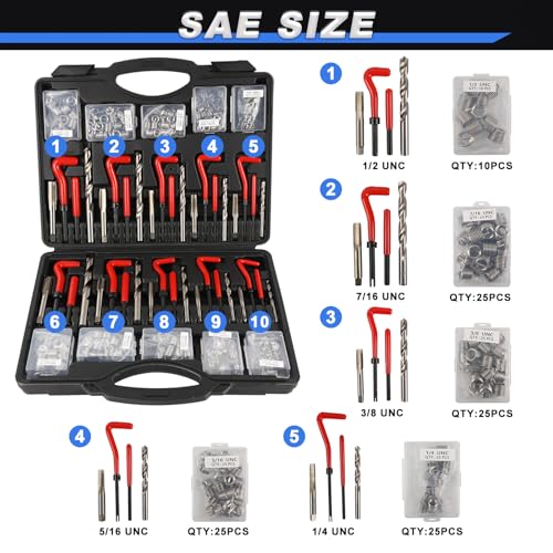263PCS Thread Repair Kit HSS Drill Helicoil Kit, Rethreading Tool | Rethreading Kit with Thread Gauge Metric and SAE1 /4" 5/16" 3/8" 7/16" 1/2" M5 M6 M8 M10 M12