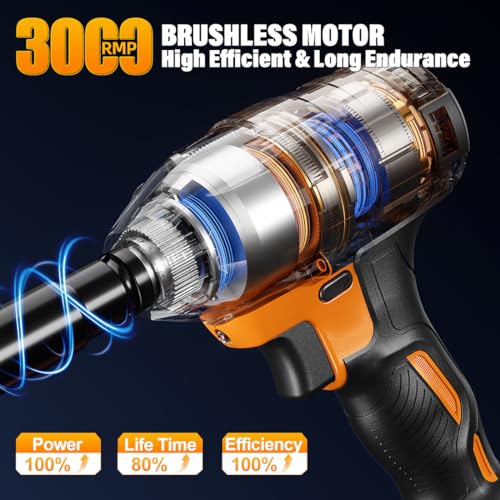Brushless Impact Wrench 3-in-1 500N.m(369Ft-lbs) Torque Wrench 1/2 Drive with 2x2.0Ah Batteries, 8 Drill Bits, 6 Screwdriver Bits, 4 Sockets, Cordless Impact Gun for automotive Repair and DIY