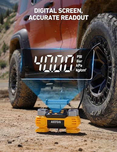 AstroAI Portable 160 PSI DC Heavy Duty Tire Inflator Pump Auto Shutoff with Screen, Dual Cylinders & Dual Motors, 12V Air Compressor for SUVs, RVs, ORVs, Cars, Air Mattresses, etc. Yellow(NO AC)