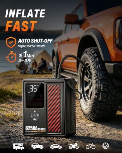 JFEGWO 8250A Jump Starter with 150PSI Air Compressor, 12V Car Battery Booster, 24000mAh Portable Tire Inflator for 12L Gas/10L Diesel, LED Display, LED Light, Storage Case, Jumper Cables