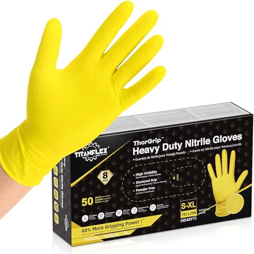 TitanFlex Heavy Duty Industrial Nitrile Gloves with Raised Diamond Texture, 8-mil, Latex Free (Green/Dark Green/Yellow) - color: 07 Yellow (50ct), size: X-Large