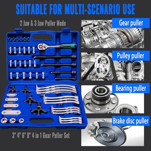 3" 4" 6" 8" Gear Puller Set,2 Jaw & 3 Jaw Bearing Puller Kit with Reversible Jaws,Cr-V Steel Heavy Duty Pulley Puller Tool for Internal External Bearing Gear Pulley Flywheel Removal. - color: Blue