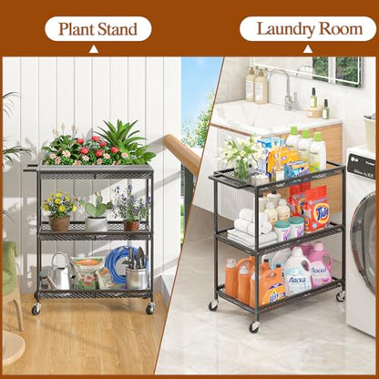 3 Tier Rolling Utility Kitchen Cart, Heavy Duty Wire Rolling Cart on Wheels, Commercial Metal Serving Carts with Handle, Kitchen Island Plant Shelf Food Storage Trolley for Laundry, Office, Garage - color: Black